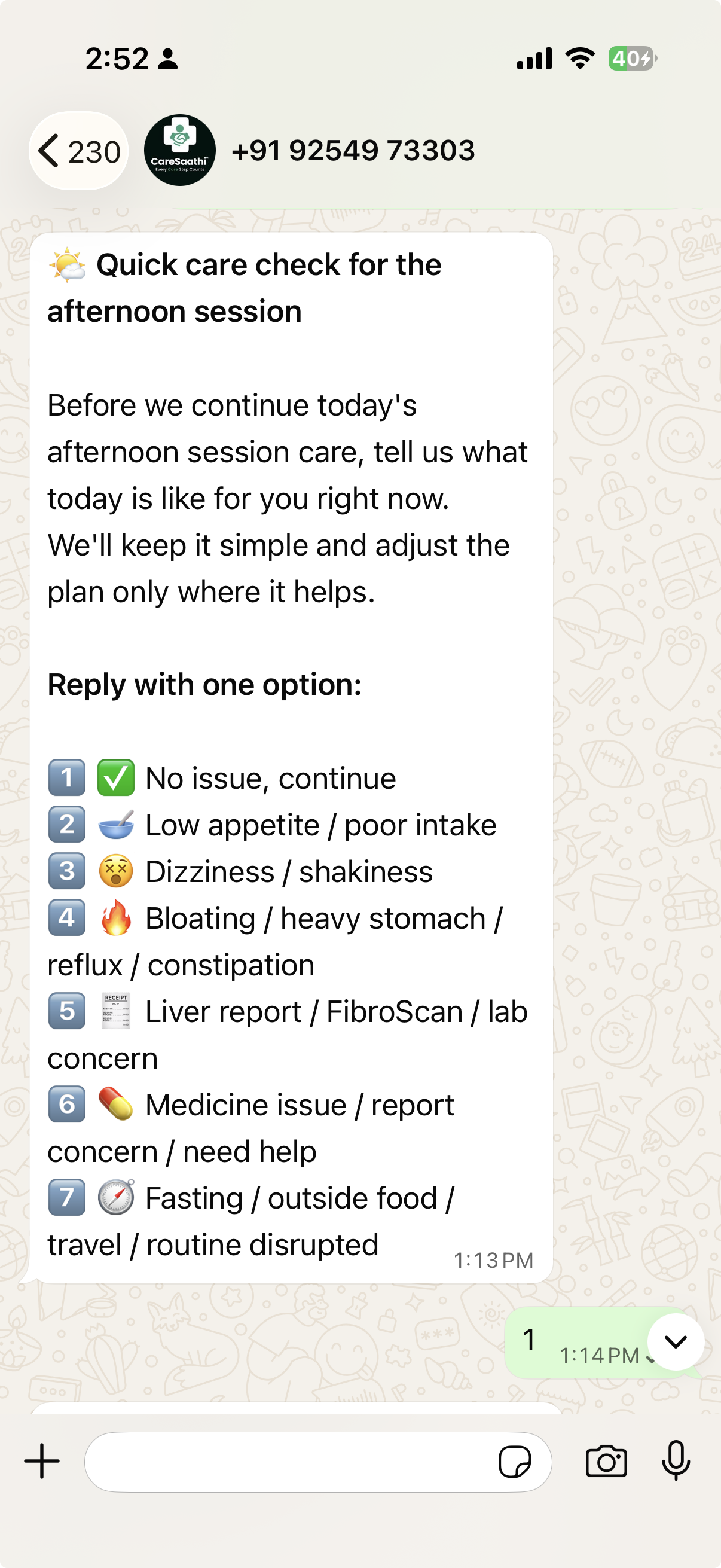Real CareSaathi WhatsApp afternoon quick-care check